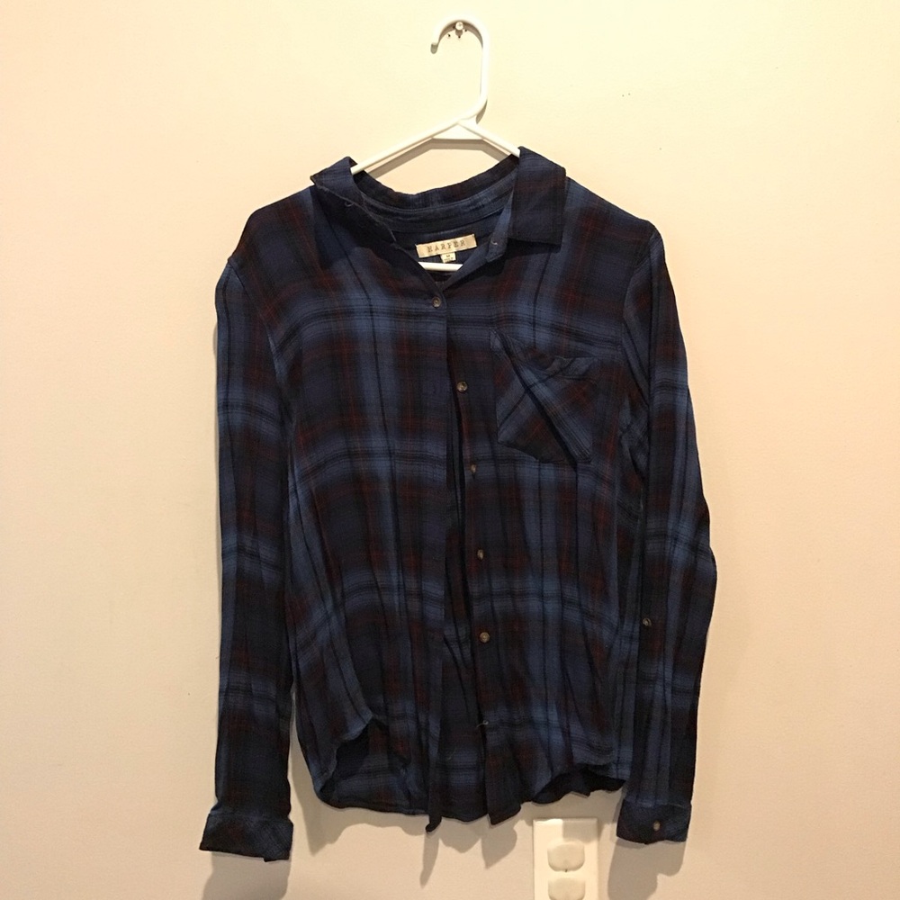 Francesca's Collections Blue Plaid Button Down Shirt